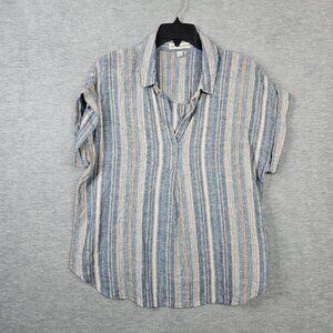 ALEXANDER JORDAN Women's Blue white stripes V-neck Linen Cotton Shirt Size L